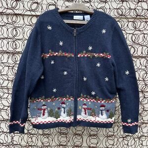 Vintage Croft and Barrow Blue Americana Snowman Winter Christmas Cardigan LARGE